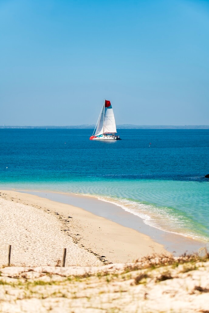 Le catamaran Sailcoop devant l'archipel des Glénan en Bretagne