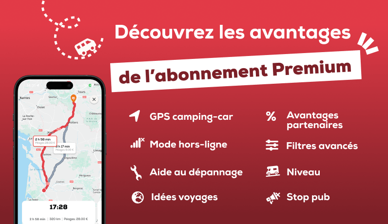 Découvrez les avantages de l'abonnement CaraMaps Premium : GPS camping-car, mode hors-ligne, aide au dépannage, idées voyages, avantages partenaires, filtres avancés, niveau, stop pub